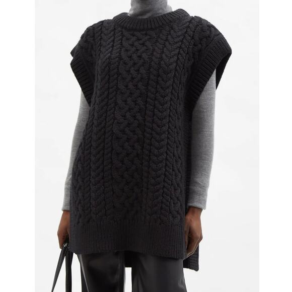 I LOVE MR MITTENS Chunky Cable Knit Sleeveless Long Sweater Poncho, Black - Picture 1 of 16